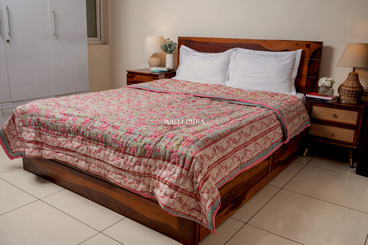 Turquoise royals - Handblock printed pure mulmul cotton reversible quilt / Jaipuri rajai