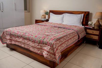 Turquoise royals - Handblock printed pure mulmul cotton reversible quilt / Jaipuri rajai