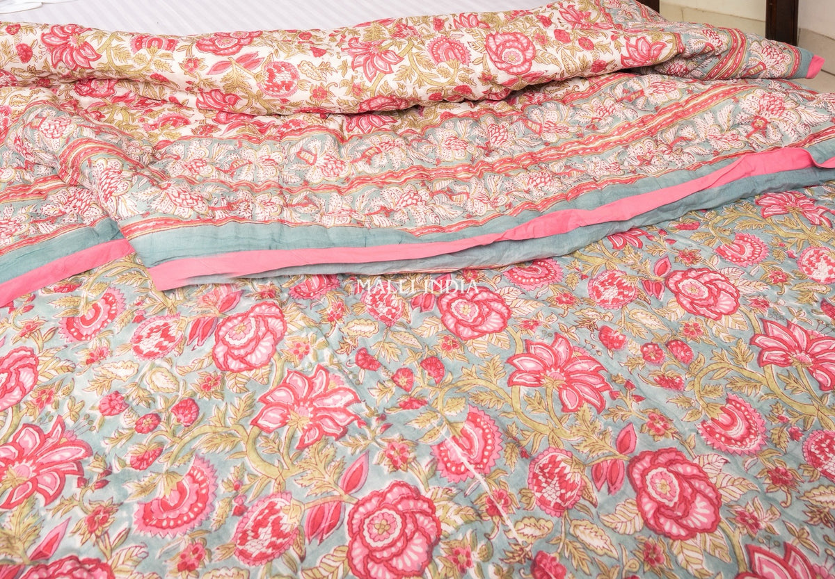 Turquoise royals - Handblock printed pure mulmul cotton reversible quilt / Jaipuri rajai