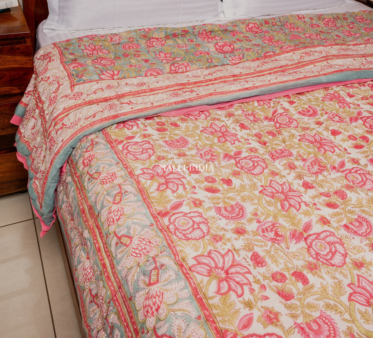 Turquoise royals - Handblock printed pure mulmul cotton reversible quilt / Jaipuri rajai