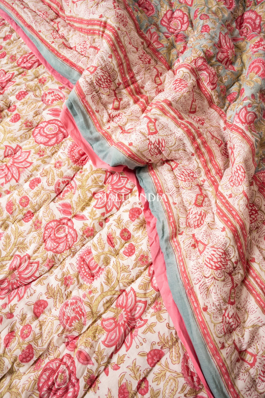 Turquoise royals - Handblock printed pure mulmul cotton reversible quilt / Jaipuri rajai