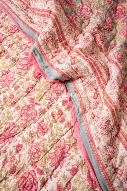 Turquoise royals - Handblock printed pure mulmul cotton reversible quilt / Jaipuri rajai