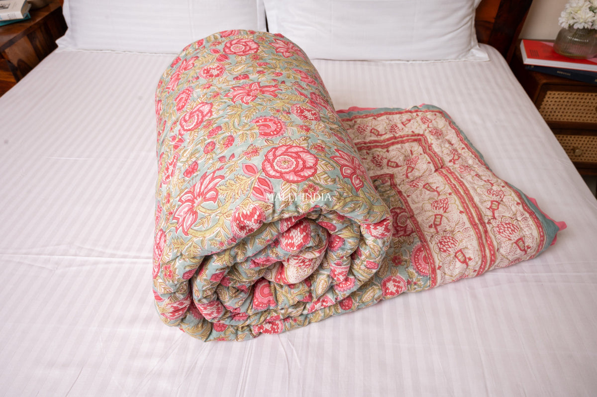 Turquoise royals - Handblock printed pure mulmul cotton reversible quilt / Jaipuri rajai