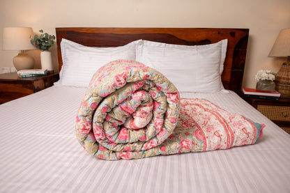 Turquoise royals - Handblock printed pure mulmul cotton reversible quilt / Jaipuri rajai