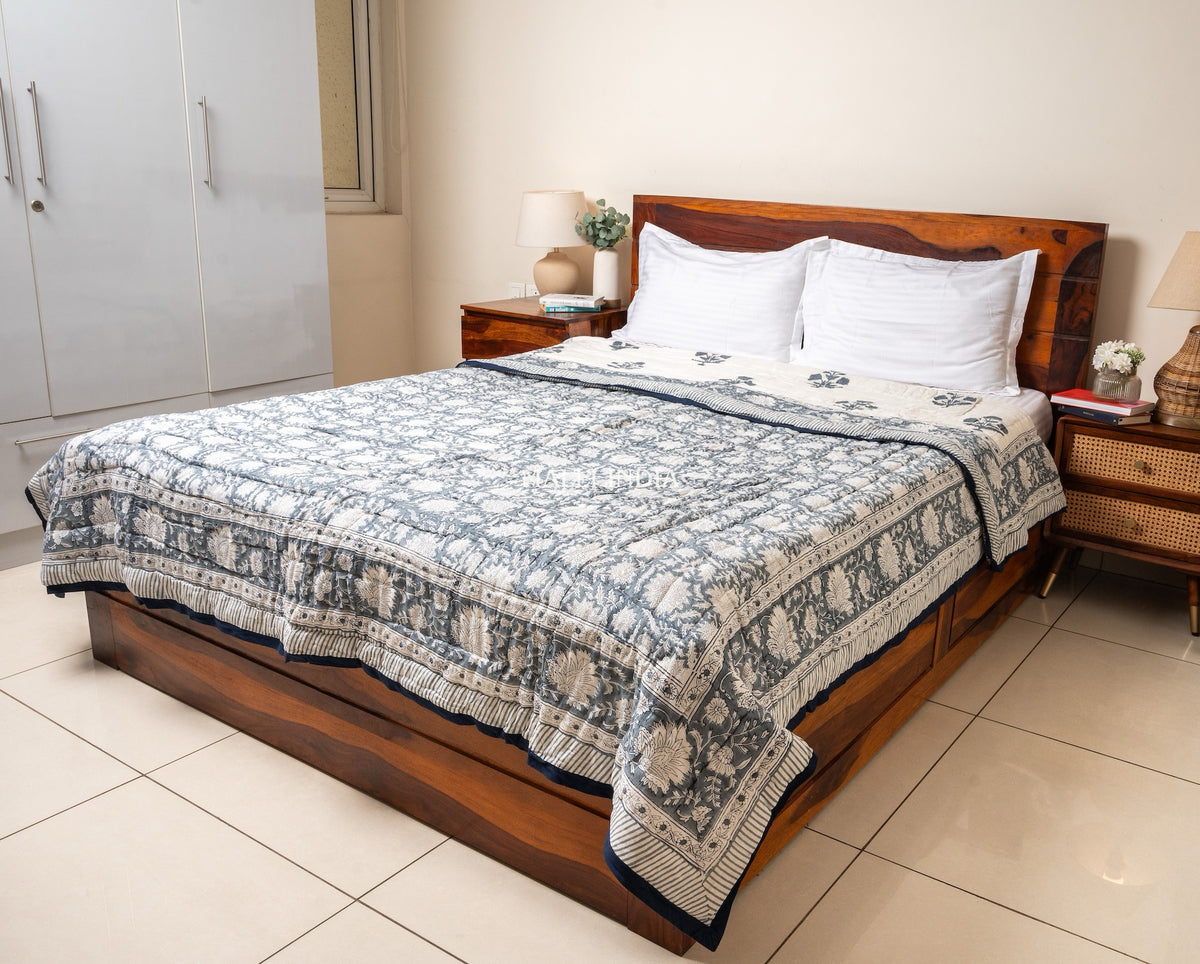 Grey florals on white - Handblock printed pure mulmul cotton reversible quilt / Jaipuri rajai