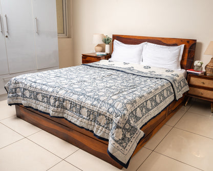 Grey florals on white - Handblock printed pure mulmul cotton reversible quilt / Jaipuri rajai