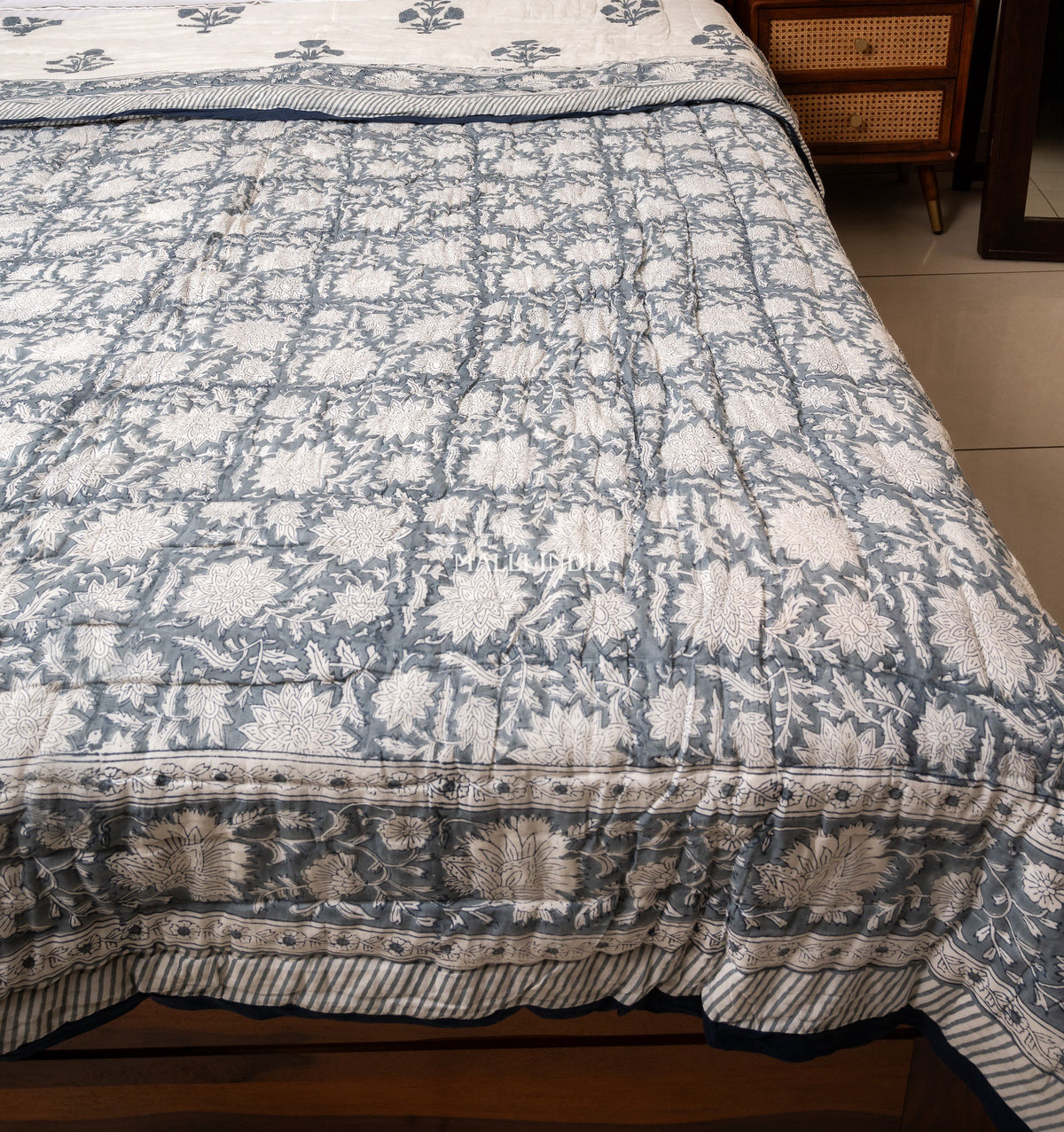 Grey florals on white - Handblock printed pure mulmul cotton reversible quilt / Jaipuri rajai