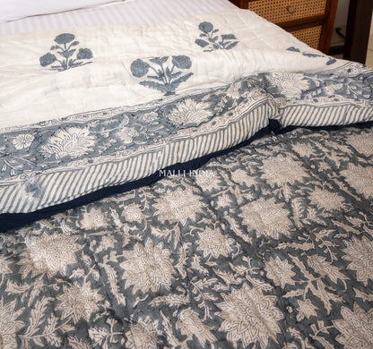Grey florals on white - Handblock printed pure mulmul cotton reversible quilt / Jaipuri rajai