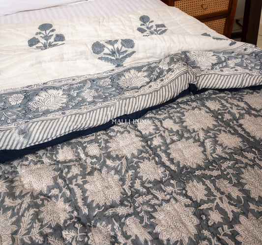 Grey florals on white - Handblock printed pure mulmul cotton reversible quilt / Jaipuri rajai