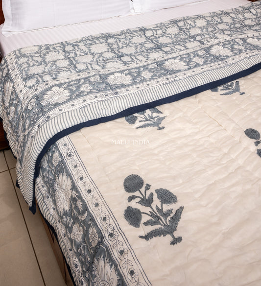 Grey florals on white - Handblock printed pure mulmul cotton reversible quilt / Jaipuri rajai