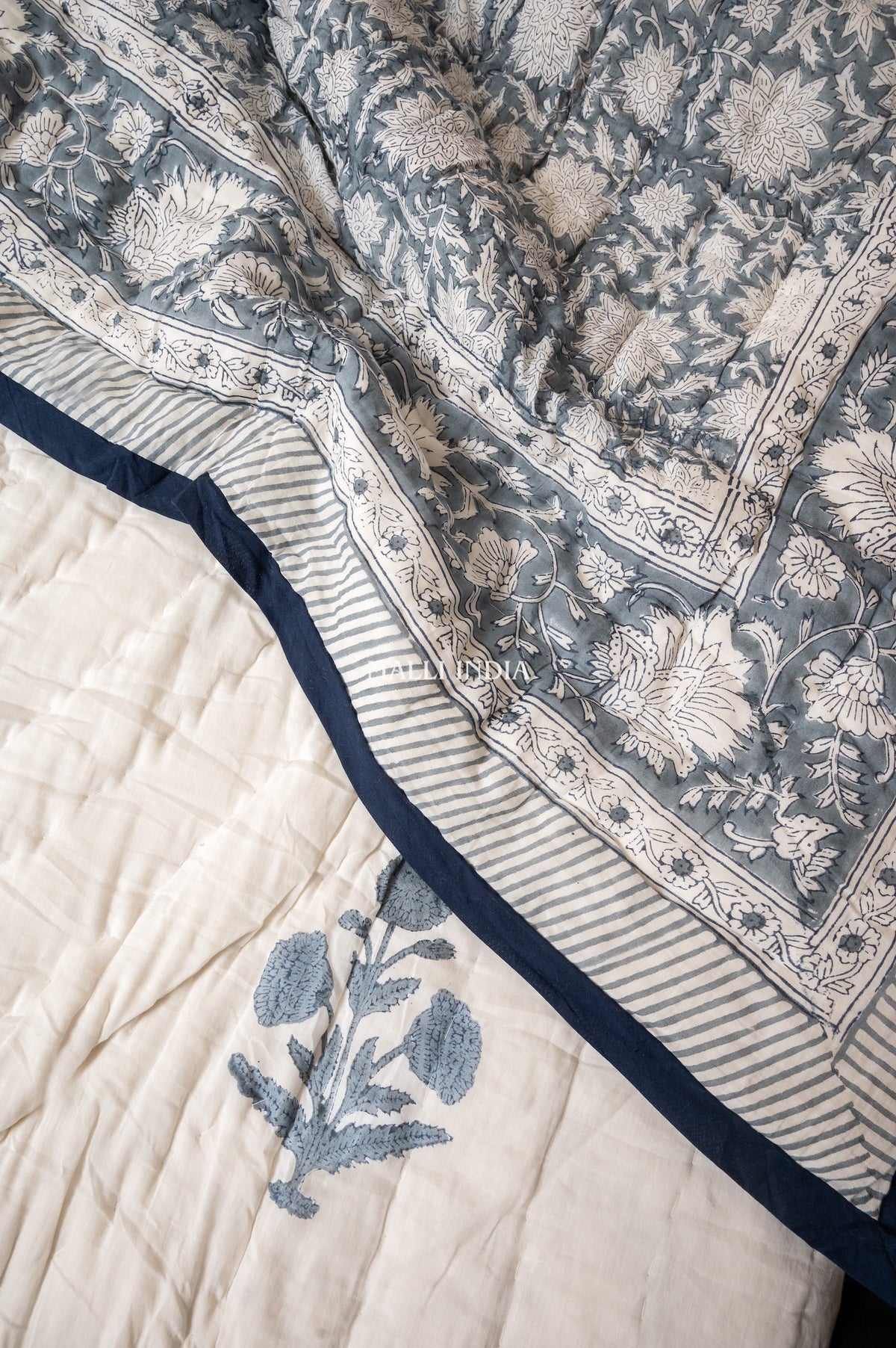 Grey florals on white - Handblock printed pure mulmul cotton reversible quilt / Jaipuri rajai