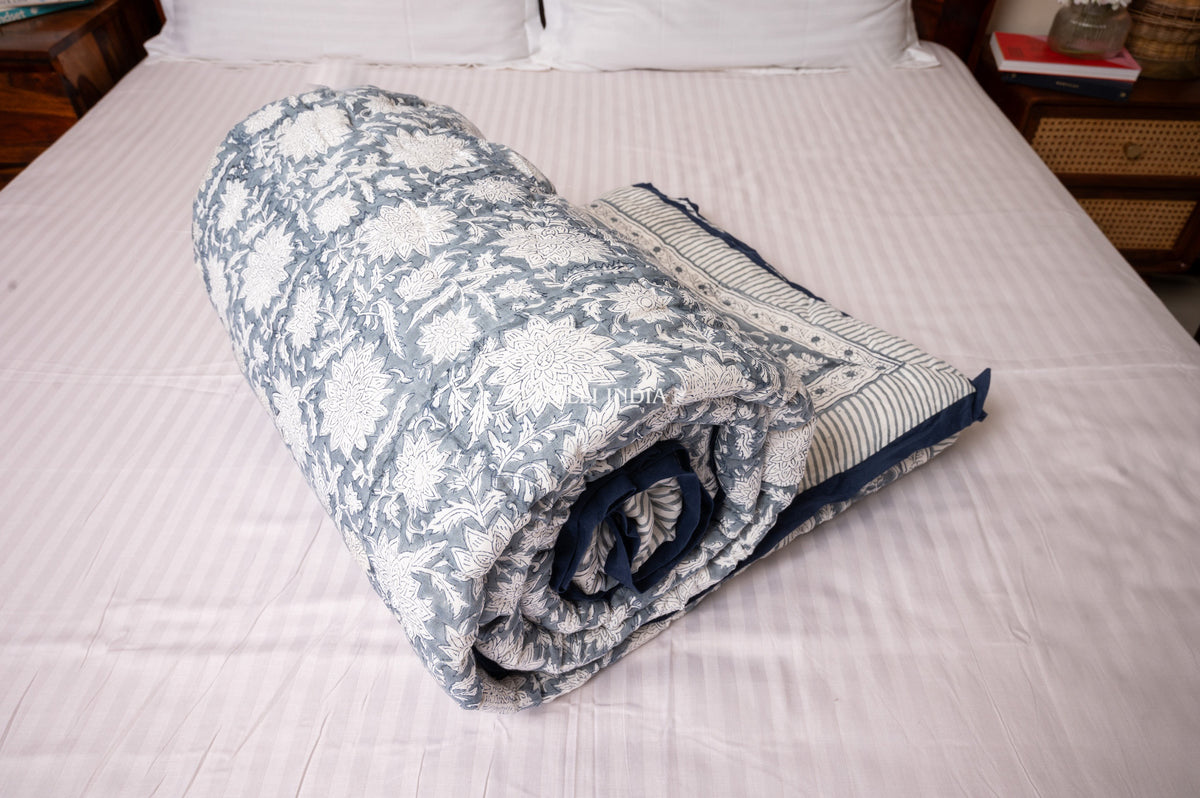 Grey florals on white - Handblock printed pure mulmul cotton reversible quilt / Jaipuri rajai