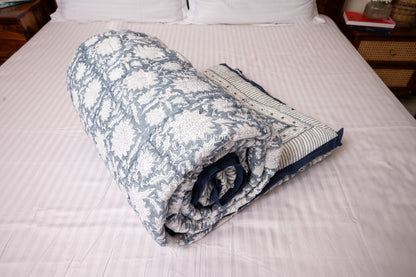Grey florals on white - Handblock printed pure mulmul cotton reversible quilt / Jaipuri rajai