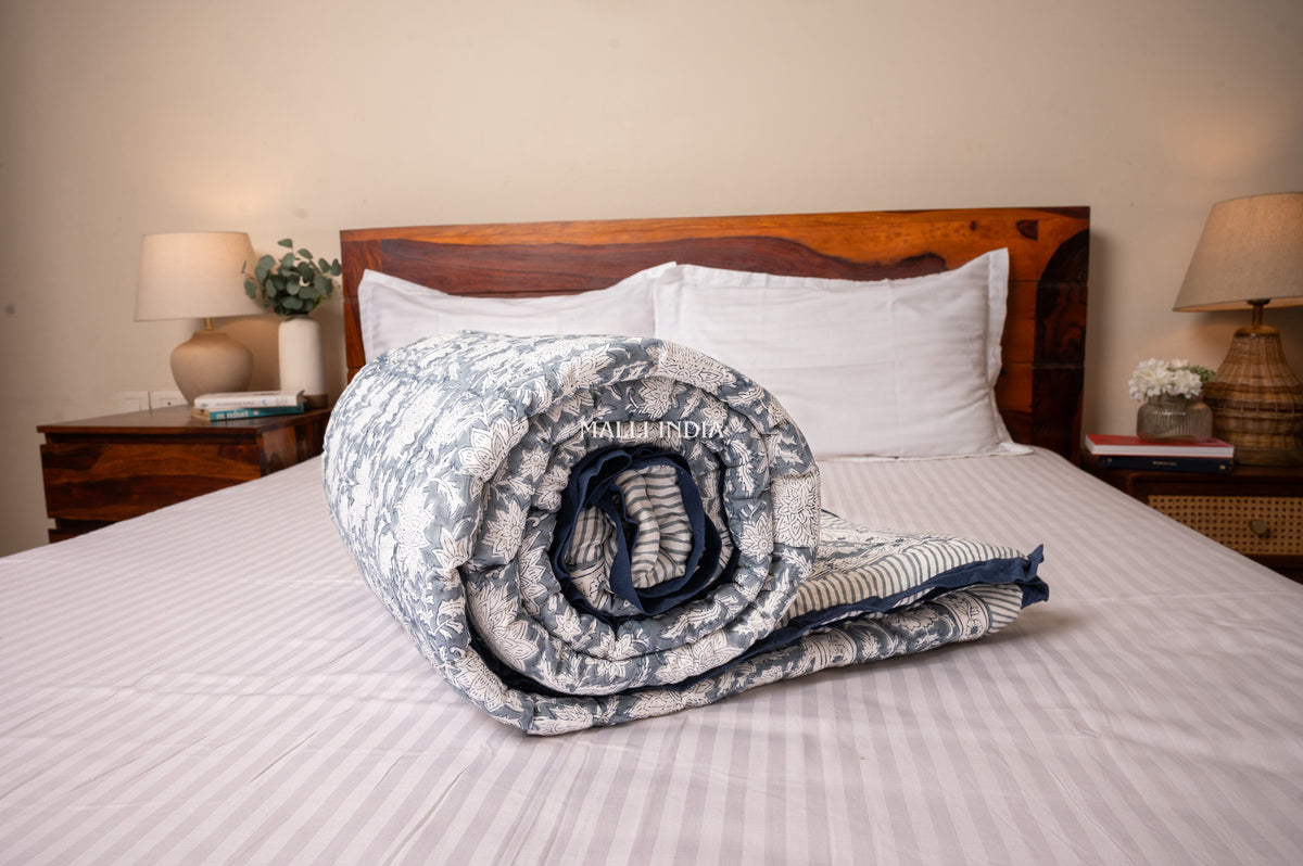 Grey florals on white - Handblock printed pure mulmul cotton reversible quilt / Jaipuri rajai