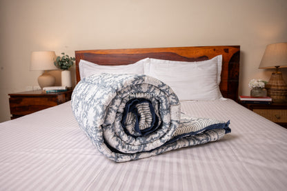 Grey florals on white - Handblock printed pure mulmul cotton reversible quilt / Jaipuri rajai