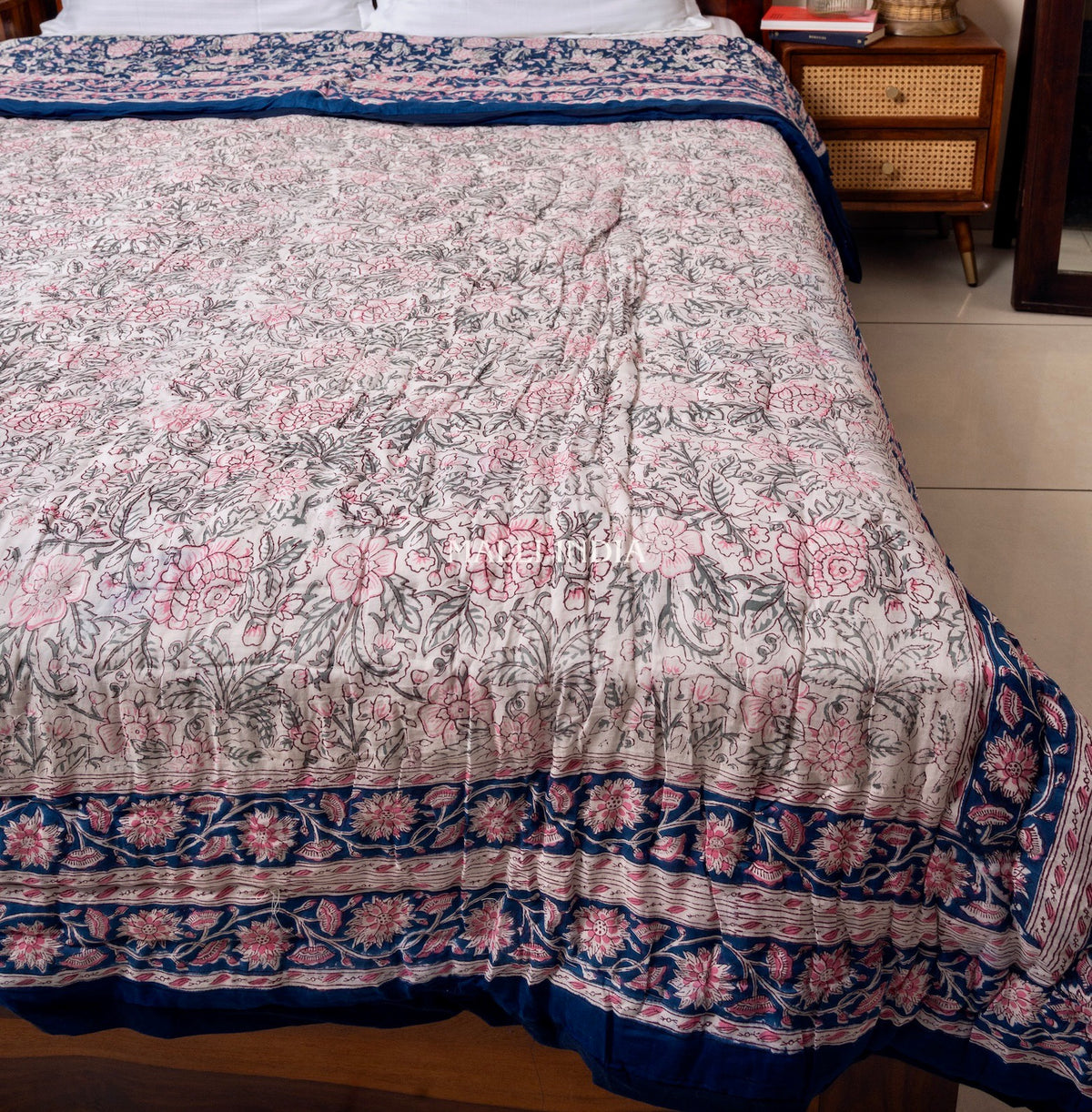 Pink on blue bloom - Handblock printed pure mulmul cotton reversible quilt / Jaipuri rajai