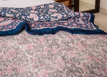 Pink on blue bloom - Handblock printed pure mulmul cotton reversible quilt / Jaipuri rajai
