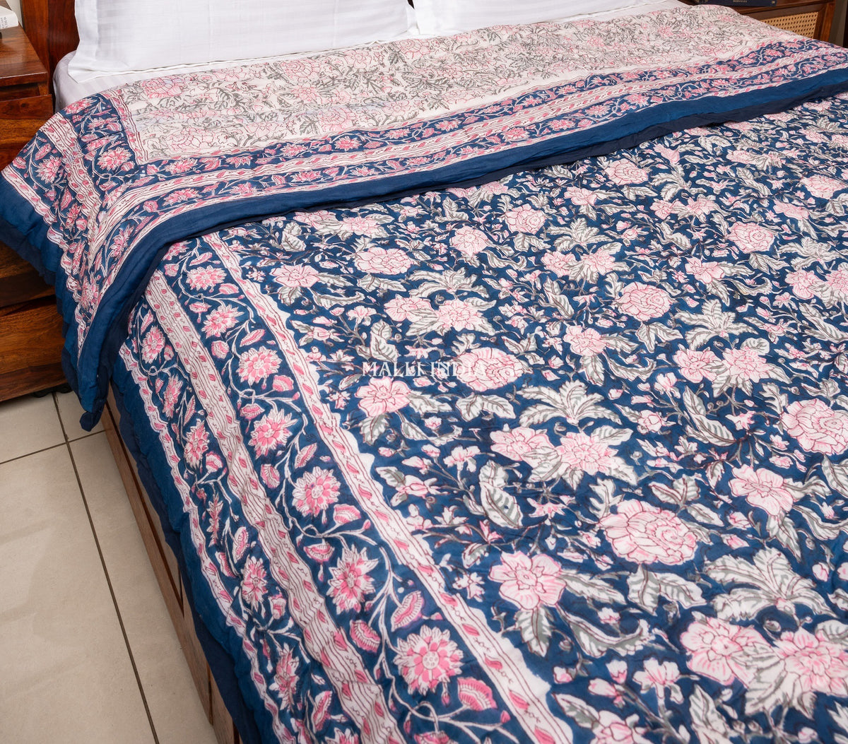Pink on blue bloom - Handblock printed pure mulmul cotton reversible quilt / Jaipuri rajai