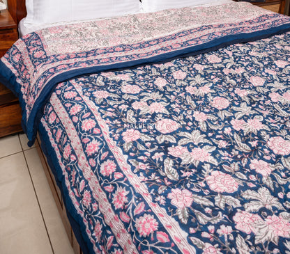 Pink on blue bloom - Handblock printed pure mulmul cotton reversible quilt / Jaipuri rajai