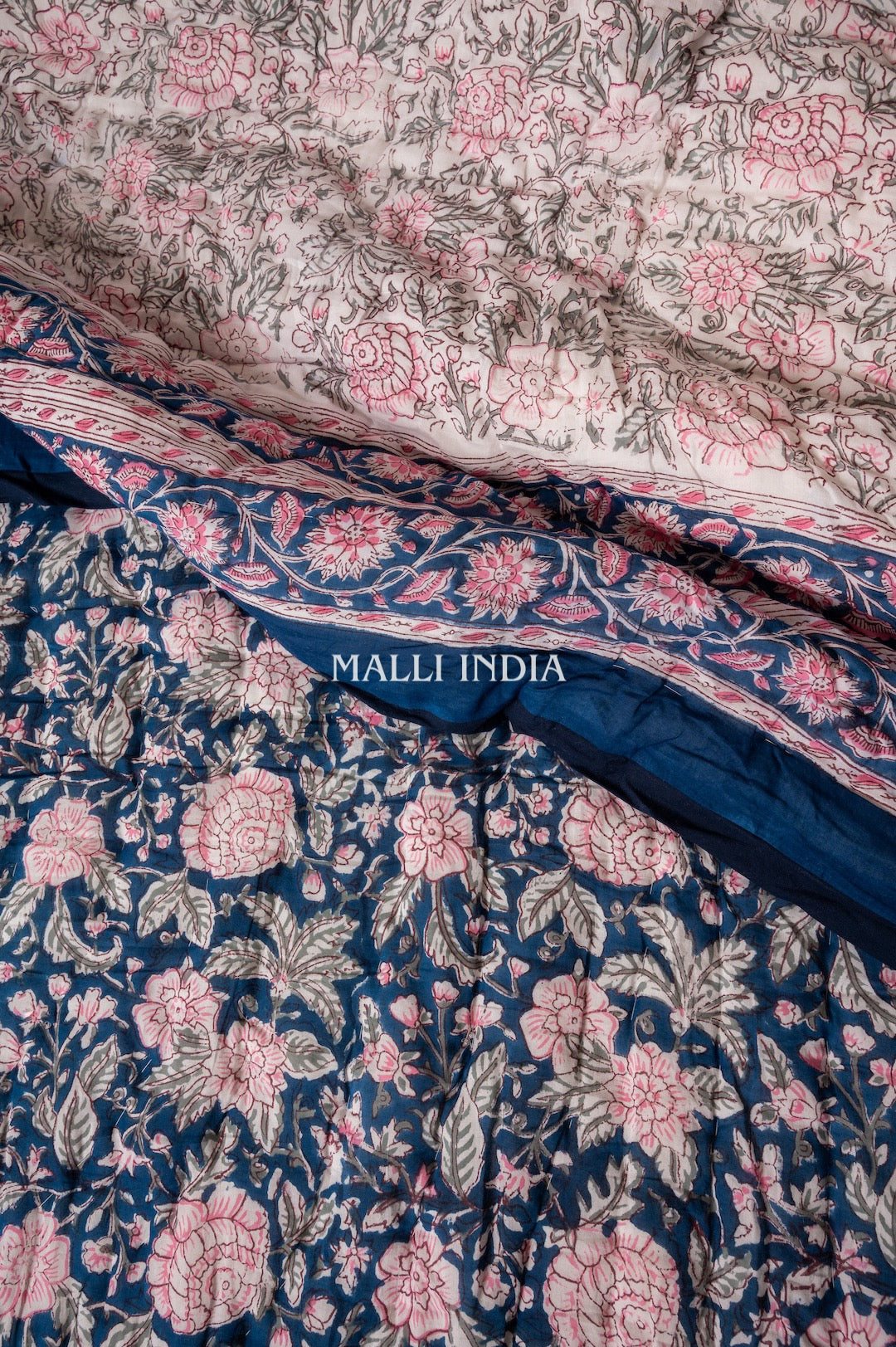 Pink on blue bloom - Handblock printed pure mulmul cotton reversible quilt / Jaipuri rajai