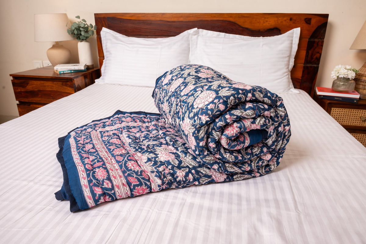 Pink on blue bloom - Handblock printed pure mulmul cotton reversible quilt / Jaipuri rajai