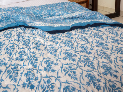 Sky bloom - Handblock printed pure mulmul cotton reversible quilt / Jaipuri rajai