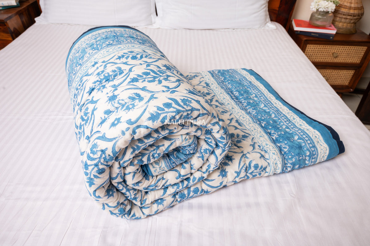 Sky bloom - Handblock printed pure mulmul cotton reversible quilt / Jaipuri rajai