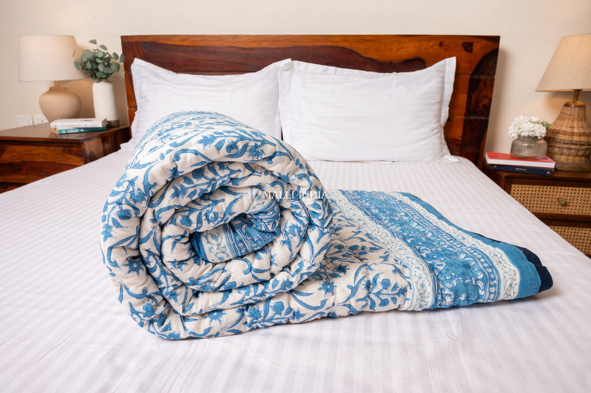 Sky bloom - Handblock printed pure mulmul cotton reversible quilt / Jaipuri rajai