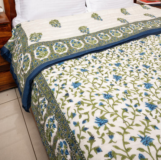 Blue florals in green orchard - Handblock printed pure mulmul cotton reversible quilt / Jaipuri rajai