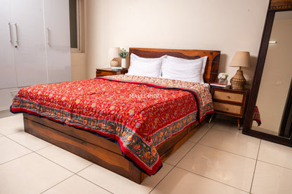 Red blooming gardens - Handblock printed pure mulmul cotton reversible quilt / Jaipuri rajai