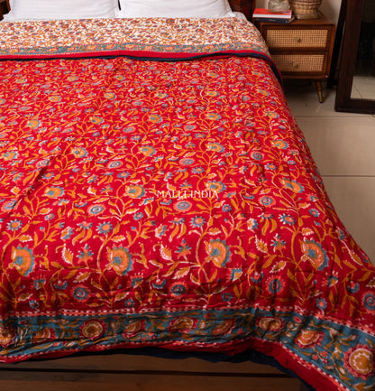 Red blooming gardens - Handblock printed pure mulmul cotton reversible quilt / Jaipuri rajai