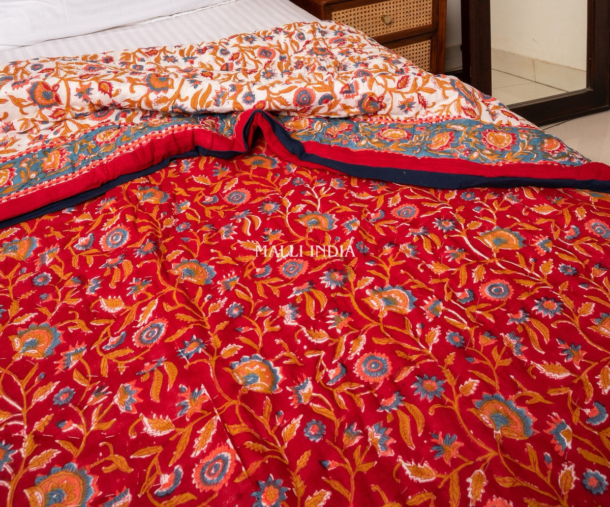 Red blooming gardens - Handblock printed pure mulmul cotton reversible quilt / Jaipuri rajai