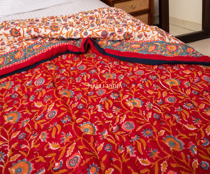Red blooming gardens - Handblock printed pure mulmul cotton reversible quilt / Jaipuri rajai