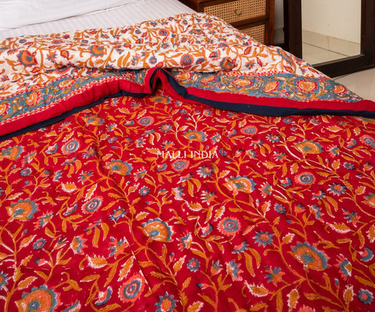 Red blooming gardens - Handblock printed pure mulmul cotton reversible quilt / Jaipuri rajai