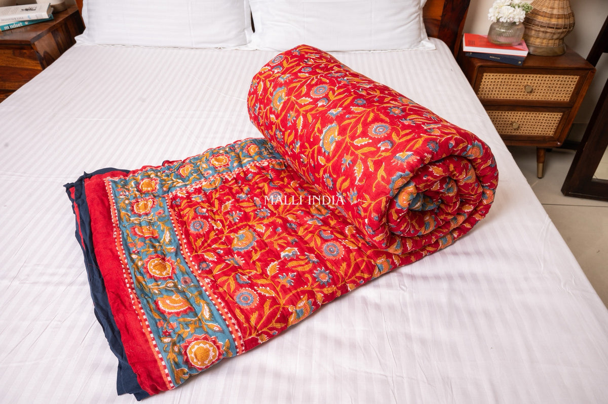 Red blooming gardens - Handblock printed pure mulmul cotton reversible quilt / Jaipuri rajai