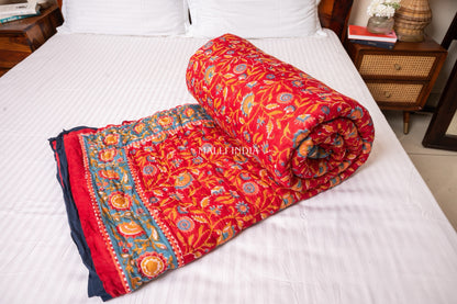 Red blooming gardens - Handblock printed pure mulmul cotton reversible quilt / Jaipuri rajai