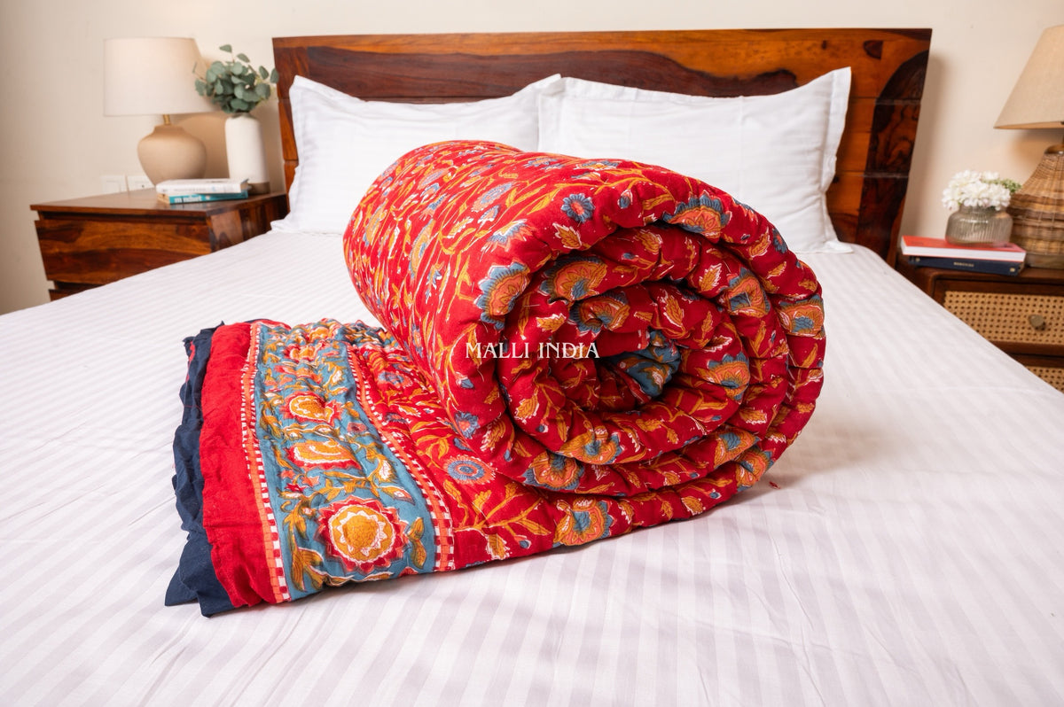 Red blooming gardens - Handblock printed pure mulmul cotton reversible quilt / Jaipuri rajai
