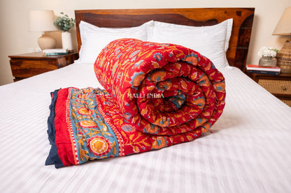 Red blooming gardens - Handblock printed pure mulmul cotton reversible quilt / Jaipuri rajai