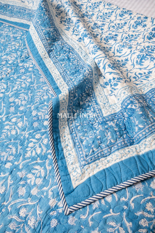 Sky blooms - Handblock printed pure mulmul cotton reversible comforter
