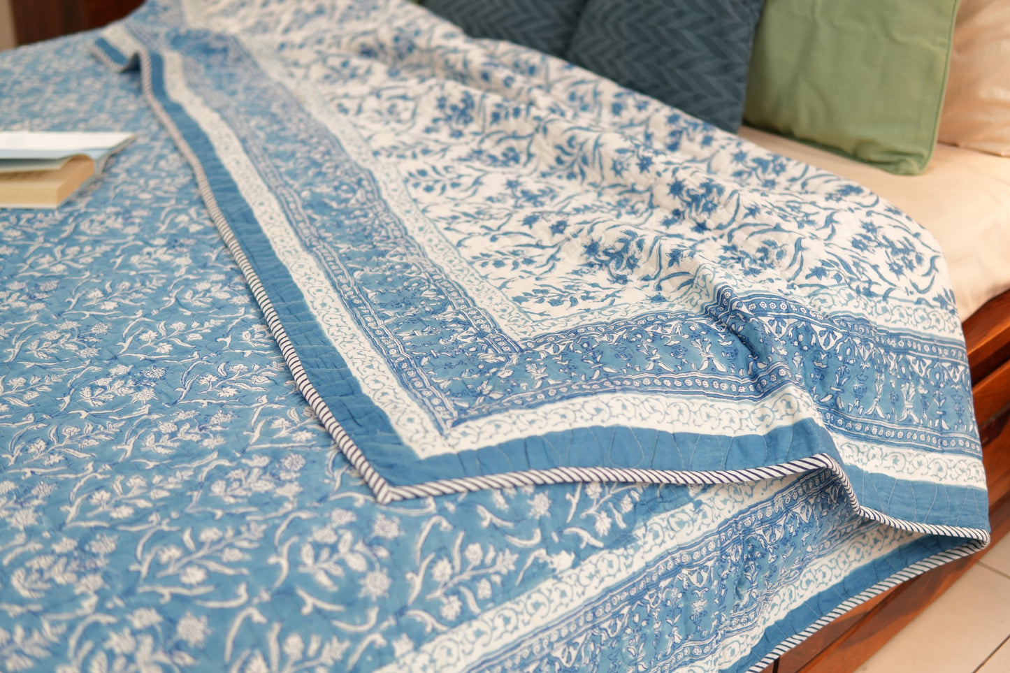 Sky blooms - Handblock printed pure mulmul cotton reversible comforter