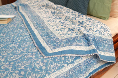 Sky blooms - Handblock printed pure mulmul cotton reversible comforter