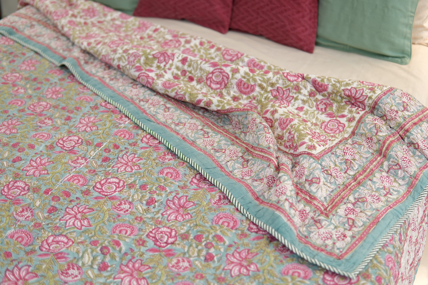 Turquoise royals - Handblock printed pure mulmul cotton reversible comforter
