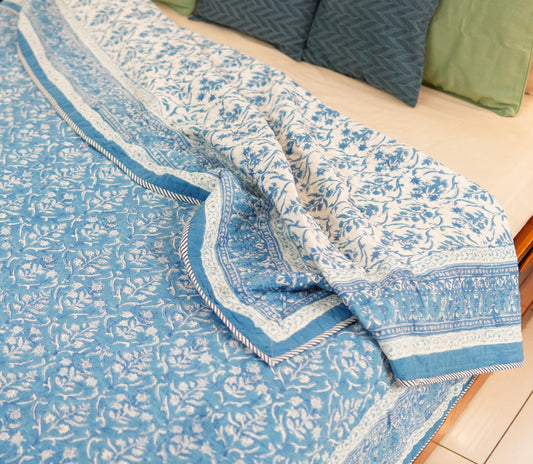 Sky blooms - Handblock printed pure mulmul cotton reversible comforter
