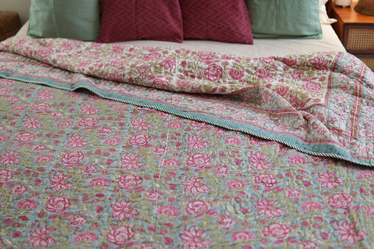 Turquoise royals - Handblock printed pure mulmul cotton reversible comforter
