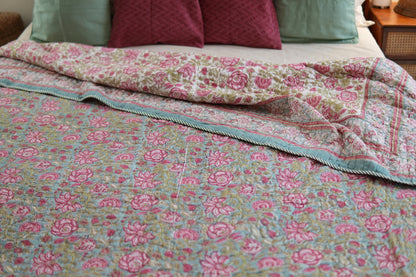 Turquoise royals - Handblock printed pure mulmul cotton reversible comforter