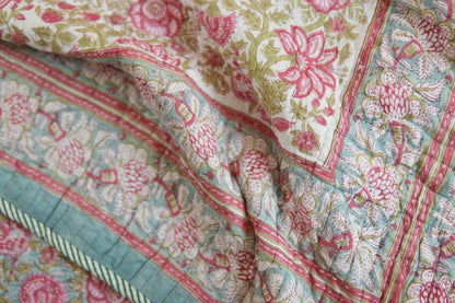 Turquoise royals - Handblock printed pure mulmul cotton reversible comforter
