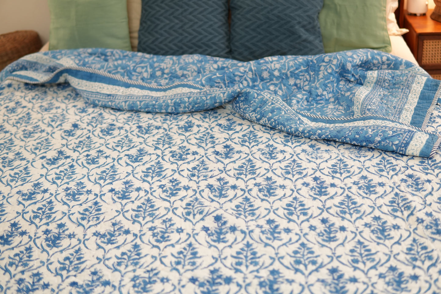 Sky blooms - Handblock printed pure mulmul cotton reversible comforter