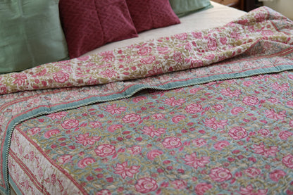 Turquoise royals - Handblock printed pure mulmul cotton reversible comforter
